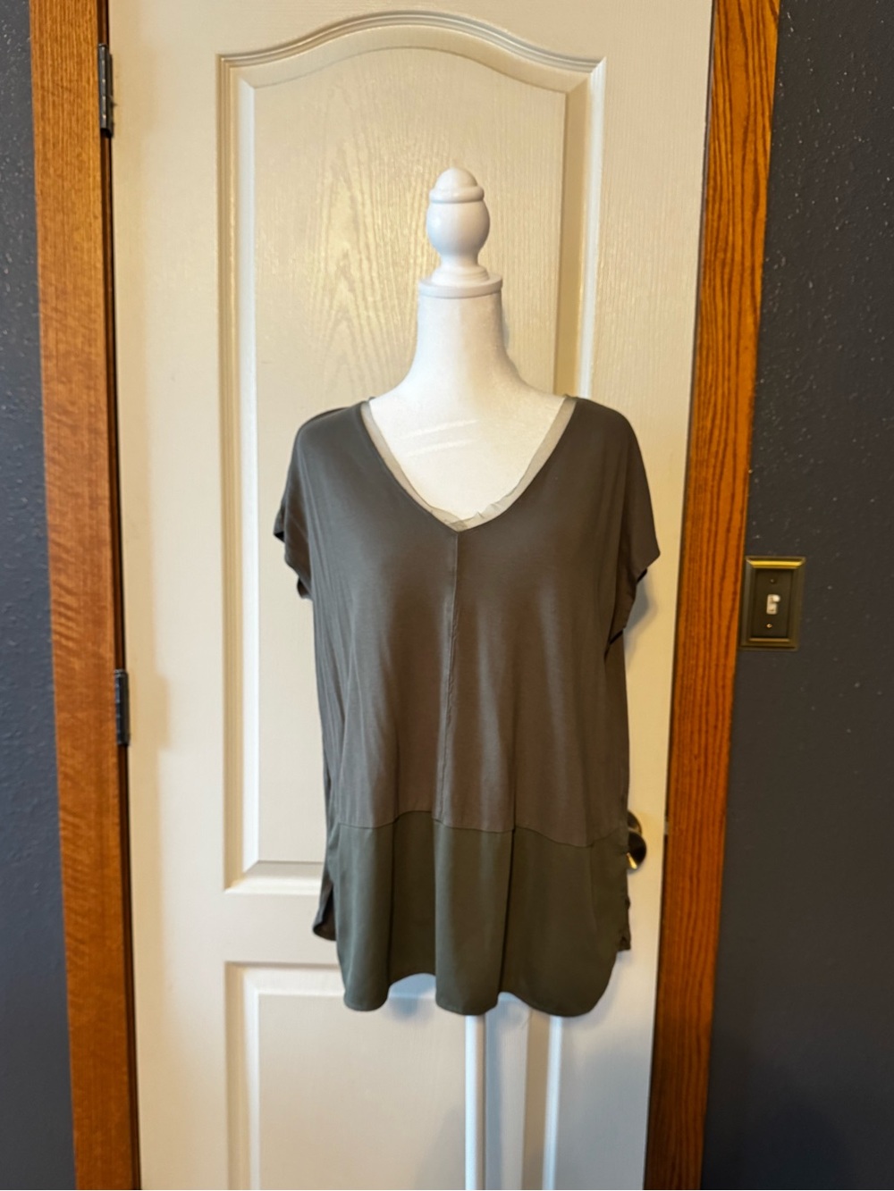 Hem & Thread Two-Tone V-Neck Short Sleeve Top in Olive and Dark Olive